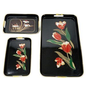 Vintage Serving Trays Wrapped Handles Iris Barware Lacquer Black Gold Japan
